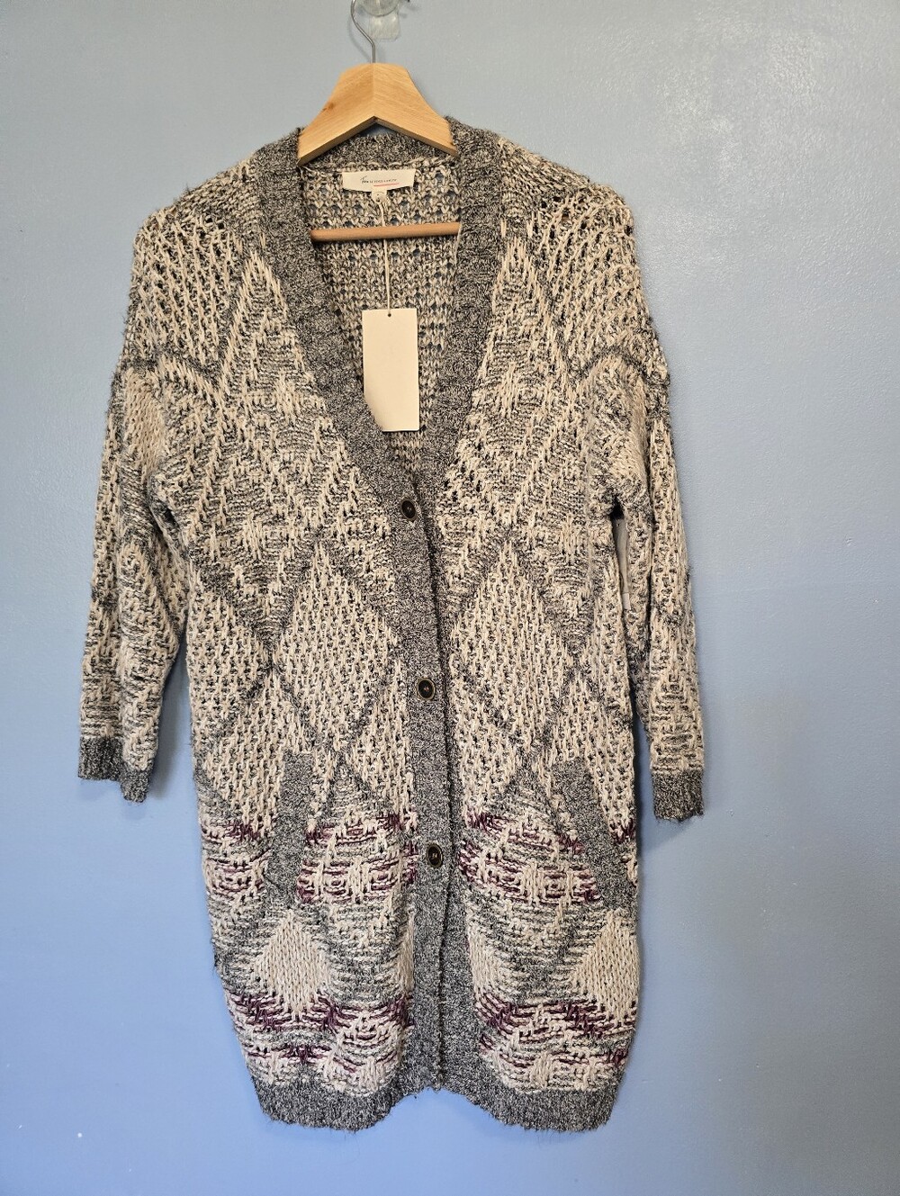 Two By Vince Camuto Gray and Burgundy Bohemian Chic Cardigan S NEW